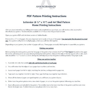 May include: Instructions for printing a tiled pattern on letter or A4 paper. The instructions include steps for trimming, taping, and tracing the pattern pieces. The document includes a 1" x 1" test square for measuring accuracy.