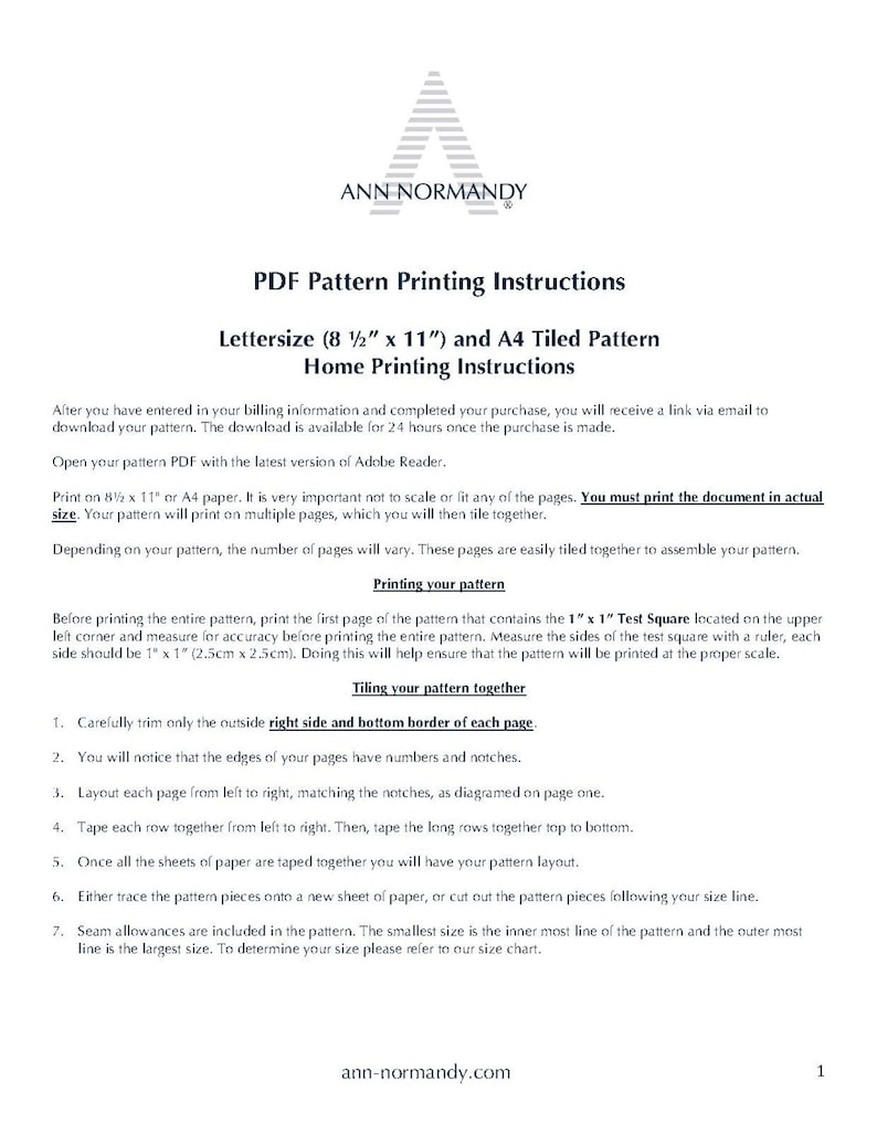 May include: Instructions for printing a tiled pattern on letter or A4 paper. The instructions include steps for trimming, taping, and tracing the pattern pieces. The document includes a 1" x 1" test square for measuring accuracy.