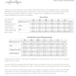 May include: A sewing pattern for a short-sleeved tunic dress with pockets. The pattern includes size charts for bust, waist, and hip measurements in inches and centimeters. The pattern is designed to work with heavy, rustic linens.