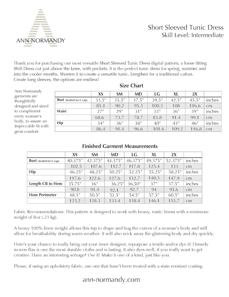 May include: A sewing pattern for a short-sleeved tunic dress with pockets. The pattern includes size charts for bust, waist, and hip measurements in inches and centimeters. The pattern is designed to work with heavy, rustic linens.