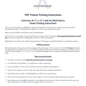 May include: Instructions for printing a PDF sewing pattern on letter or A4 size paper. The instructions include information on how to print the pattern at the correct scale, trim the pages, and tile them together.