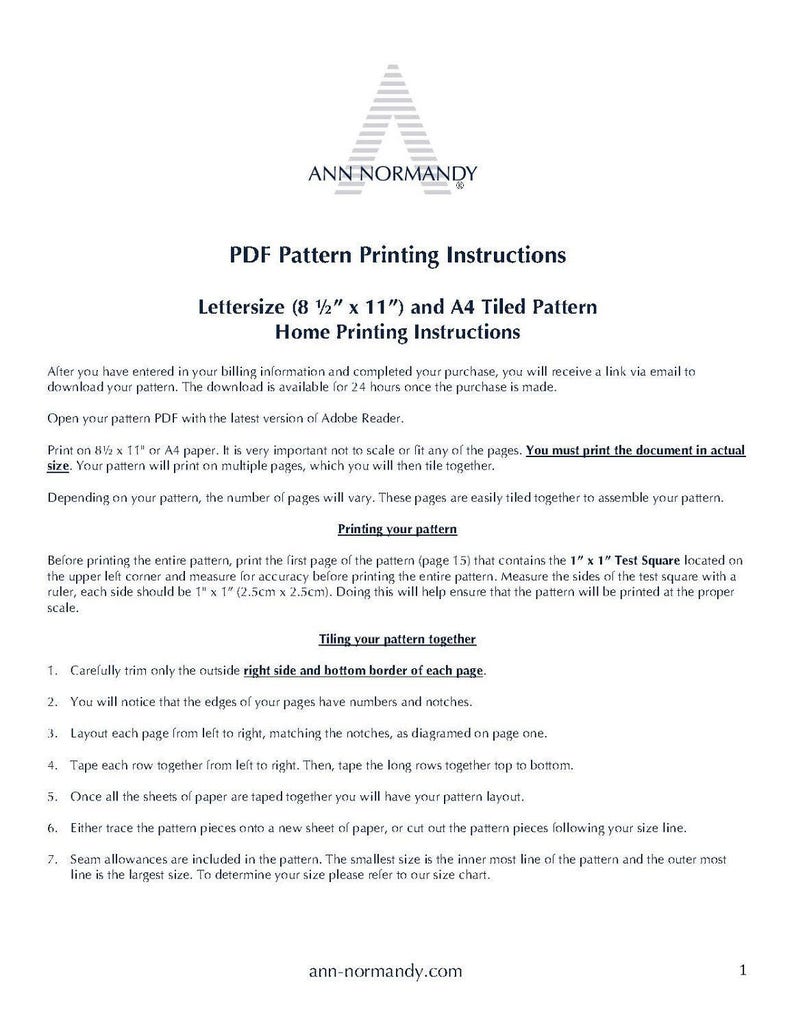 May include: Instructions for printing a PDF sewing pattern on letter or A4 size paper. The instructions include information on how to print the pattern at the correct scale, trim the pages, and tile them together.