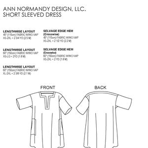 May include: Line drawing of a short-sleeved dress pattern with instructions for fabric layout and yardage requirements for different sizes. The dress has a V-neck and a loose, flowing silhouette.