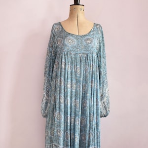 Vintage 1970s Ritu Kumar Roshafi silk Indian gauze hand block print balloon sleeve dress - 70s India silk hippie ethnic bohemian boho dress