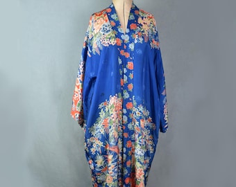 Kimono vintage japonés de rayón damasco con estampado floral azul de los años 20 - Kimono de los años 20 - Bata de los años 20 - Kimono art déco - Bata estilo flapper de los años 20