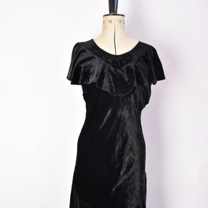 Vintage 1930s black velvet ruffle bias cut formal evening gown - 1930s art deco black velvet gown - 30s bias cut velvet dress - 1930s dress
