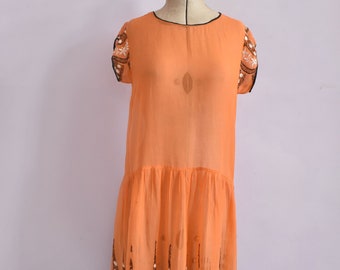 Antique 1920s orange embroidered floral sheer cotton gauze dress - 1920s cotton dress - Great Gatsby dress - Flapper dress - folk peasant