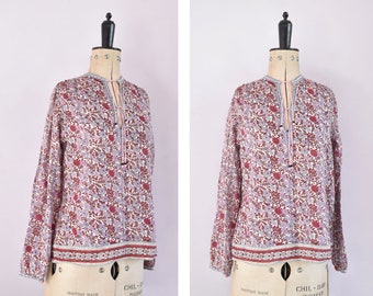 Red White Blue 70s vtg Indian Gauze blouse Soft /& Sheer Boho top Hippie tunic Gypsy shirt 1970s vintage DEADSTOCK India Bohemian Blouse