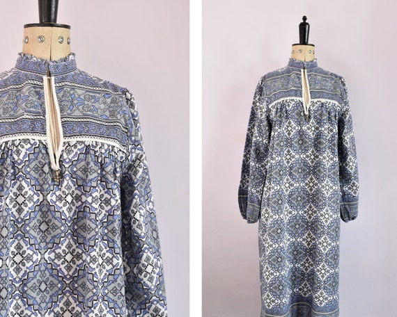 Vintage 1970s Indian cotton blue grey geometric dr