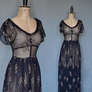 Vintage 1930s - 40s navy blue sheer floral embroidered net tulle dress - 30s 40s net lace gown evening dress - 30s 40s lace prom dress