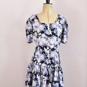 Vintage 1980s 90s Rene Derby navy blue & purple rose floral button down rayon mini dress - 80s 90s babydoll dress - 90s floral summer dress