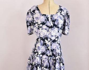 Vintage anos 80 anos 90 Rene Derby azul marinho e rosa roxa floral minivestido de rayon com botões - vestido babydoll dos anos 80 e 90 - vestido floral de verão dos anos 90