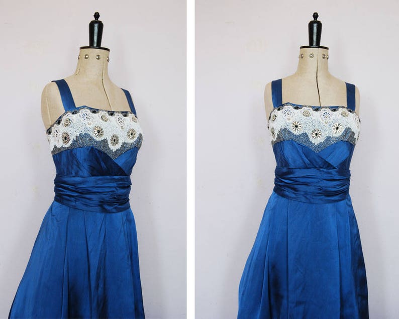 RESERVED Vintage 1950s Blue Beaded Satin Dress