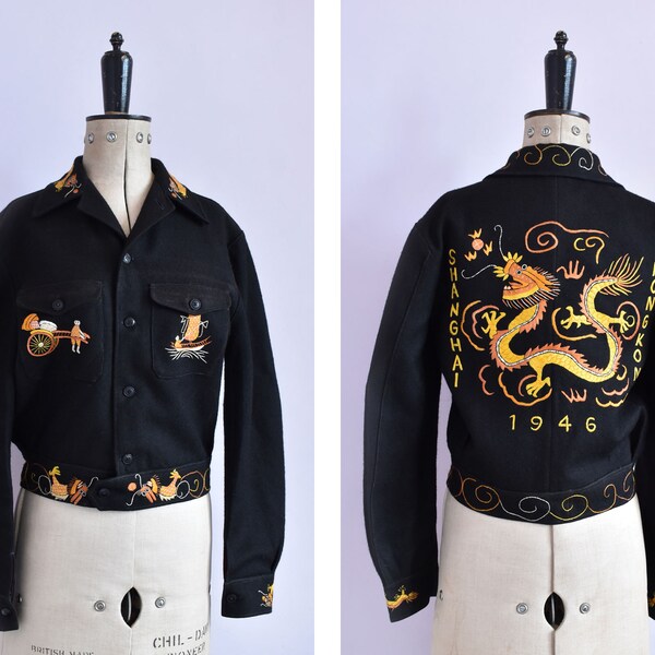 Vintage 1946 Hong Kong Shanghai black wool embroidered dragon souvenir world war 2 tour jacket - WWll Military China Souvenir tour Sukajan