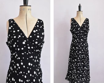 Vintage 1990s black and white polkadot rayon crepe wrap midi slip bias cut dress - 90s polkadot summer dress - 90s Y2K Wallis wrap dress