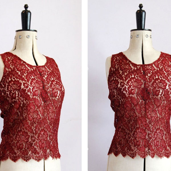 Vintage 1960s burgundy sheer lace tank top - 60s lace blouse -  Vintage lace blouse - 1960s shirt - 1960s shift - 1960s blouse - 1960s top