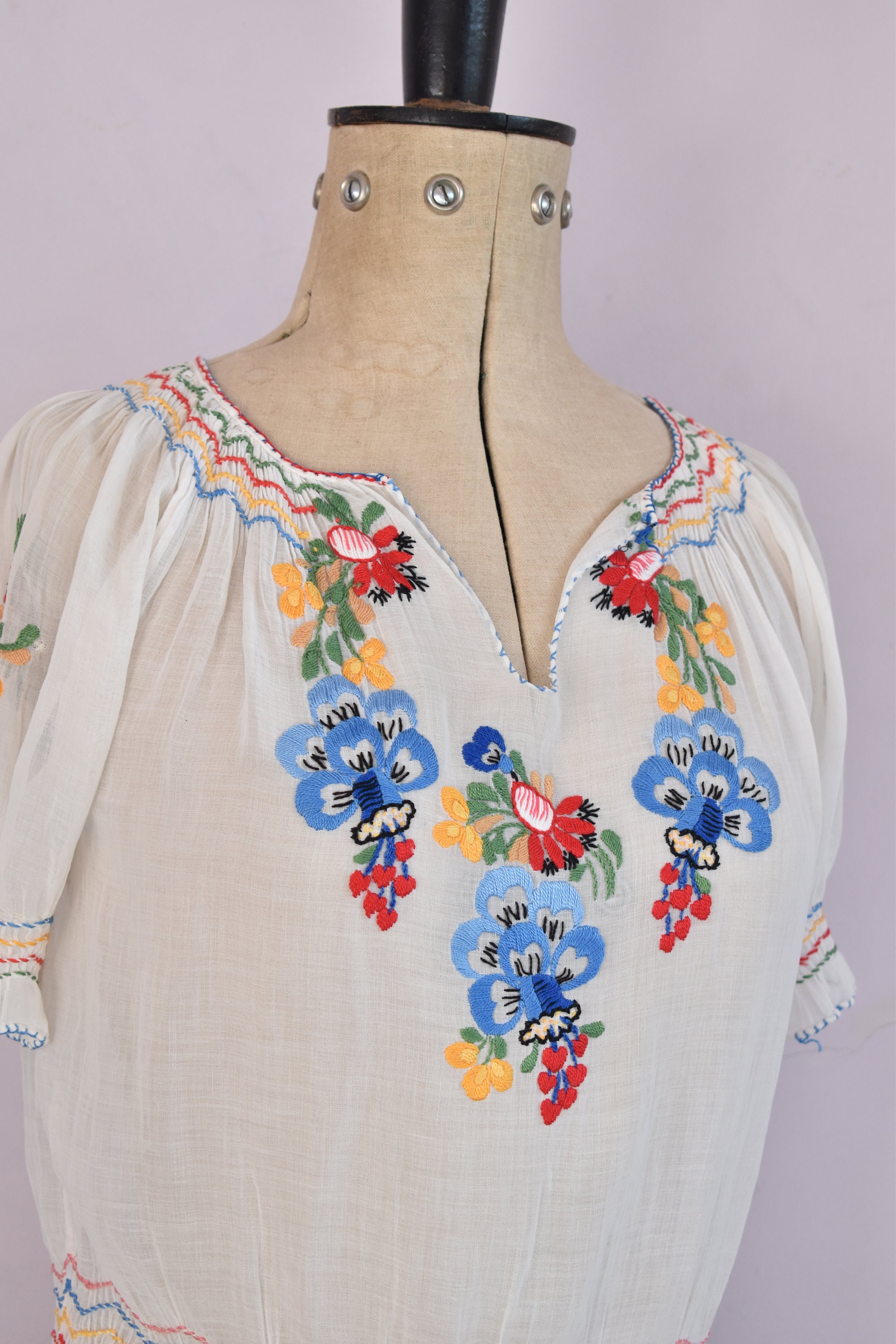 Vintage 1930s Hungarian Embroidered Floral Sheer Cotton