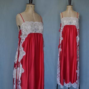 Vintage 1970s 80s Bradleys of Knightsbridge red silk lace tie sides sexy slip dress - Negligee nightgown nightie nightdress boudoir dress