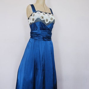 Vintage 1950s blue satin ball gown 50s prom dress 50s satin prom dress 50s beaded prom dress 50s evening gown 50s party dress xs image 3