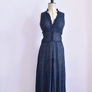 Vintage 1930s 40s navy blue floral sheer lace sleeveless dress - 30s 40s lace gown - 30s 40s Lace dress - 30s 40s lace slip dress - M
