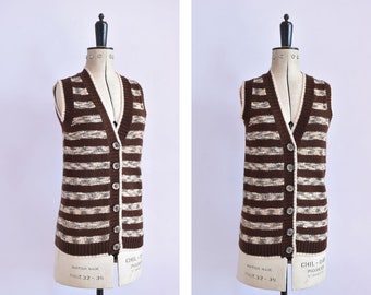 Vintage 1970s knitted brown & cream striped sweater vest tank - 70s wool vest - 70s sweater vest knit wool cardigan pullover jumper sweater