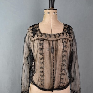 Antique Victorian Edwardian beaded black lace sheer net tulle square neck blouse bodice shirt chemise - Antique black lace blouse 1900 1910