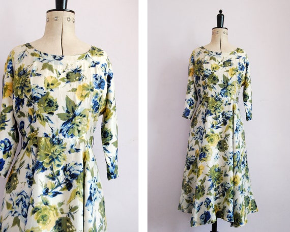 Vintage 1950s silk rose floral watercolour print d