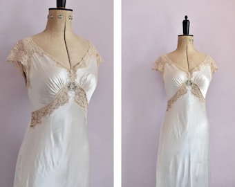 Vintage 1930s Heavenly Fischer white ecru lace liquid satin rayon nightgown - 30s bridal bride wedding lace silk slip gown negligee lingerie