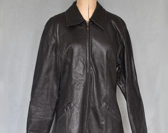 Veste zippée à col aviateur en cuir noir vintage des années 1990 - Veste ajustée en cuir noir - Blazer veste en cuir Wilsons des années 90