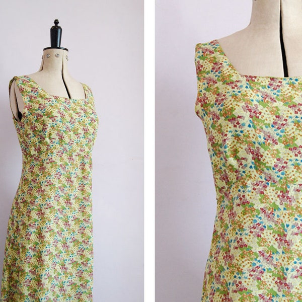 Vintage 1990s Chartreuse floral rayon crepe dress - 90s floral dress - 90s floral maxi dress - 90s tank dress - 90s sleeveless dress