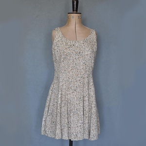 Vintage 1990s Zig zag white floral rayon tank mini fit and flare dress - 80s 90s babydoll dress - 90s floral skater summer dress - 90s dress