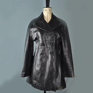 Vintage 1990s Ashy black leather collared double breasted jacket - 90s black leather button fitted double collar jacket coat blazer M L