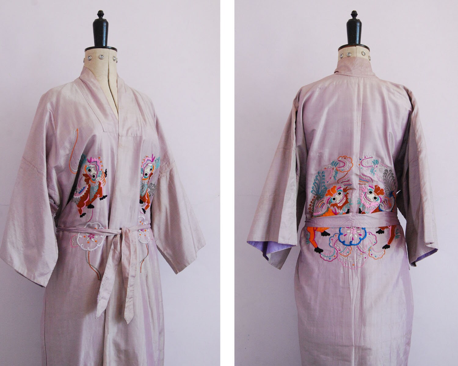 Image of Antique Vintage  S Japanese Dragon Mauve Raw Silk Kimono - S Kimono Robe Flapper