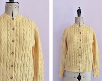 Vintage Lands end yellow cable knit ribbed wool cardigan - Yellow cardigan Cable knit jumper - Cable knit sweater - Knit wool cardigan