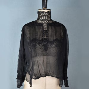 Antique Victorian Edwardian black silk soutache & lace high neck collar pin tuck sheer net tulle blouse shirt chemise - Antique silk blouse