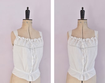 Vintage Antique Victorian Edwardian embroidered broderie anglaise white cotton peasant blouse top - Corset cover camisole - Antique Lingerie