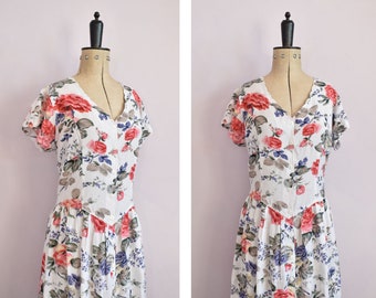 Vintage 1990er weißes Blumenkleid - 90er Blumenkleid - 90er Kleid - 90er Babydollkleid - 90er Knöpfe Kleid - 1990er 90er Grunge Kleid