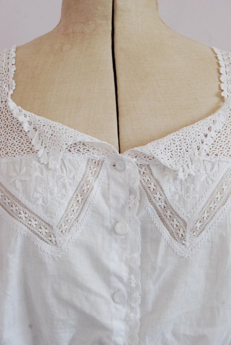 Edwardian cotton corset cover camisole lingerie Vintage Antique Victorian embroidered crochet lace corset cover Peasant top blouse