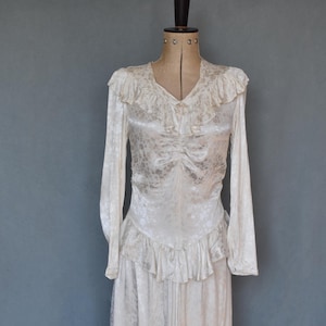 Vintage 1940s ruffle cream floral satin long sleeve wedding dress gown - 30s 40s silk liquid satin wedding dress vintage bride bridal dress