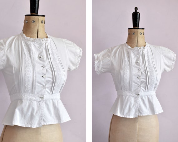 トップス antique 1900s white blouse Antique Edwardian 1900s White Cotton Net Blouse Glass Button