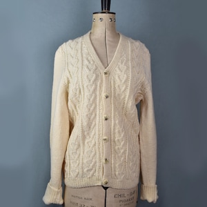 Vintage Strickjacke mit Zopfmuster aus Wolle -Irischer Aran Pullover - Handgestrickter Pullover aus Wolle