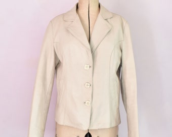 Vintage 1970s cream white soft leather jacket - White leather button shirt blazer double collar jacket - Leather fitted jacket coat blazer M