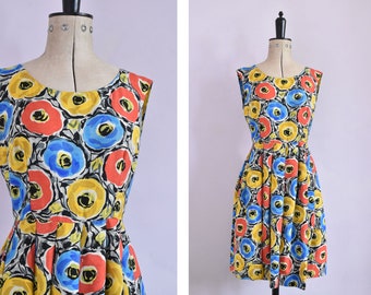 Vintage 1950s raw silk floral fit & flare day dress - 50s floral dress - 50s day dress - 50s fit and flare dress - 50s patterned dress