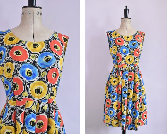 Vintage 1950s raw silk floral fit & flare day dress - 50s floral dress - 50s day dress - 50s fit and flare dress - 50s patterned dress