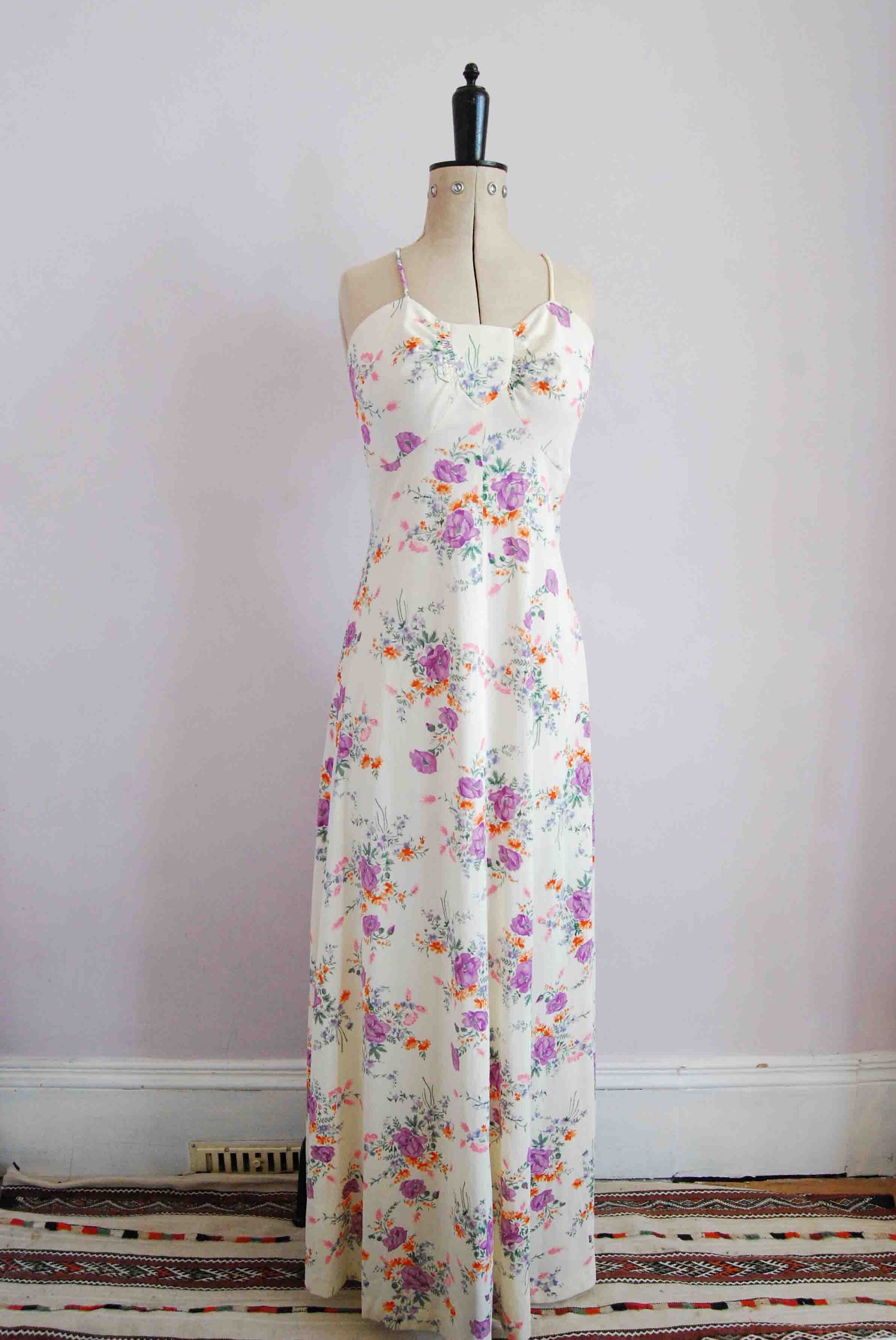 70's Vintage White and Orange Floral Halter neck Maxi Dress with Matching Bolero Jacket main image 1