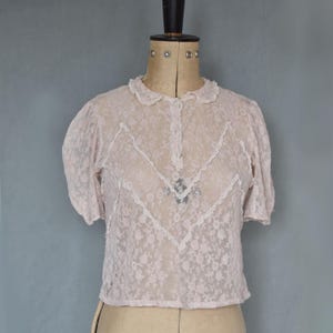 Vintage 1930s pink peach tambour lace net collared puff sleeve button blouse top - 30s embroidered lace ruffle blouse - 30s lace blouse