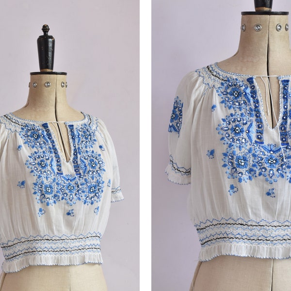 Vintage 1930s Hungarian embroidered blue floral sheer cotton gauze blouse - 30s Peasant blouse top - Hungarian top - Folk Gypsy Blouse