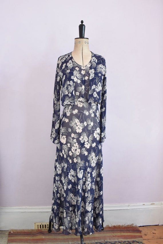 Vintage 1930s navy & white silk chiffon bias cut … - image 2