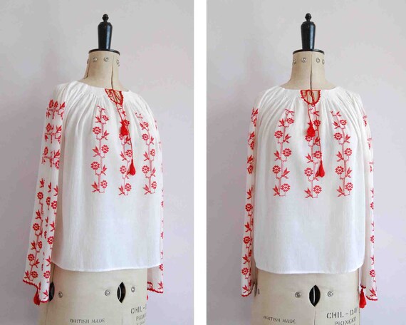 Vintage 1970s Romanian red floral hand embroidered