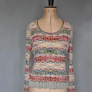 Vintage 1990s Missoni Multicolour weave marled stripe woven knit ribbed long sleeve top sweater pullover jumper - Boho retro space dye